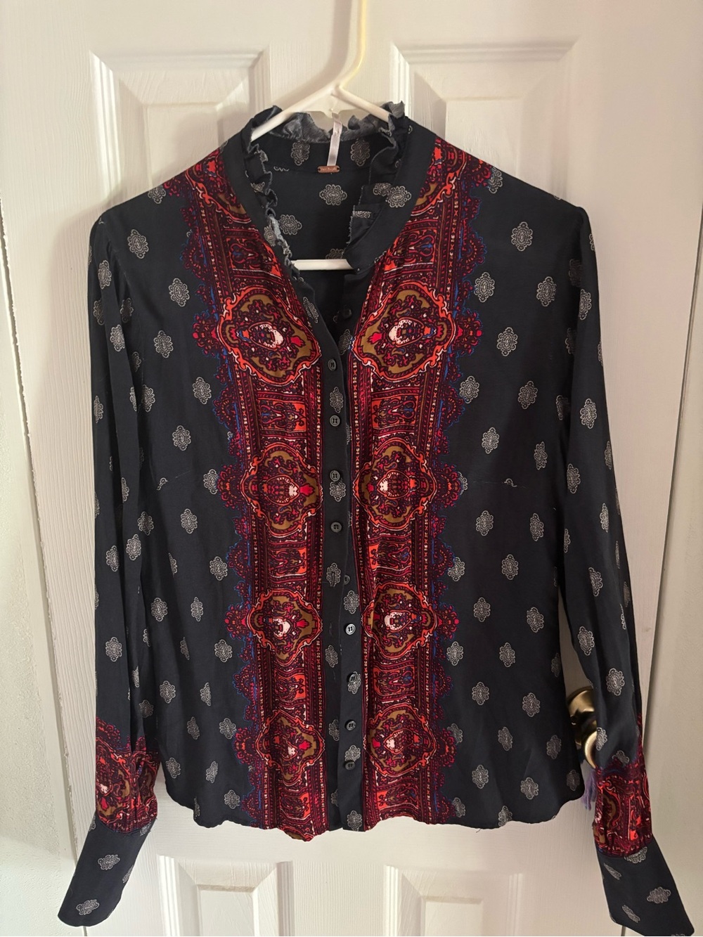 Free People Black Button-Front Blouse with Red Paisley Paneling